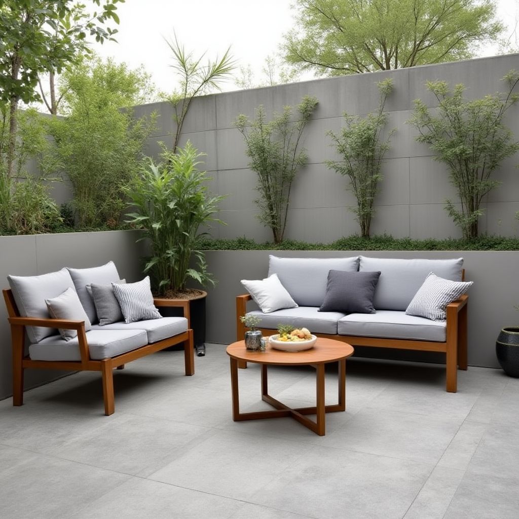 Terraza con elementos de diseño brutalista