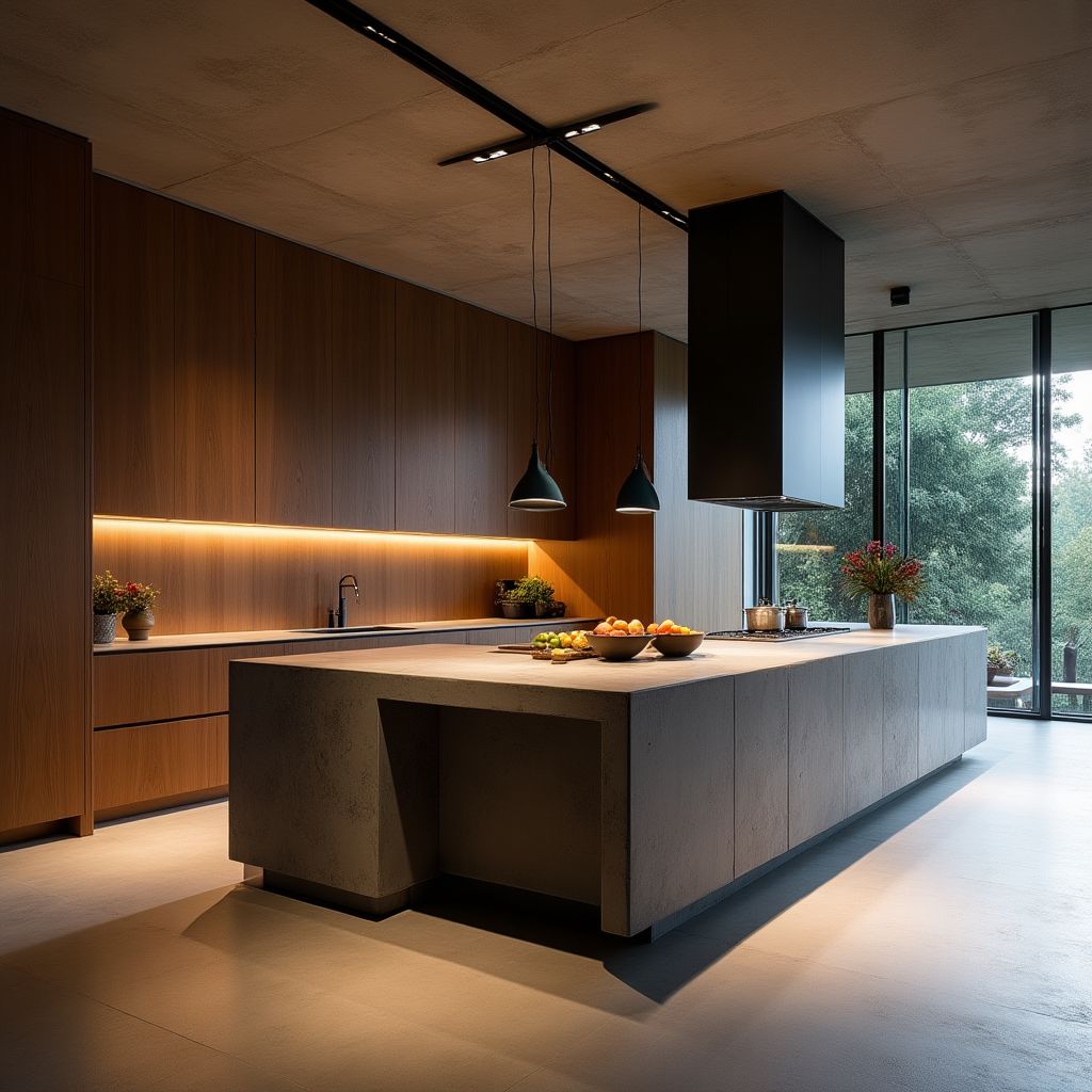 Diseño de cocina brutalista con isla asimétrica